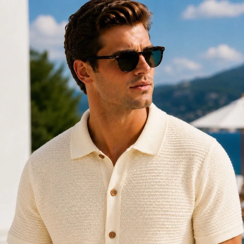 J Crew Polo Cardigan Mens L Cream Short Sleeve Cotton Waffle Knit Preppy CQ900